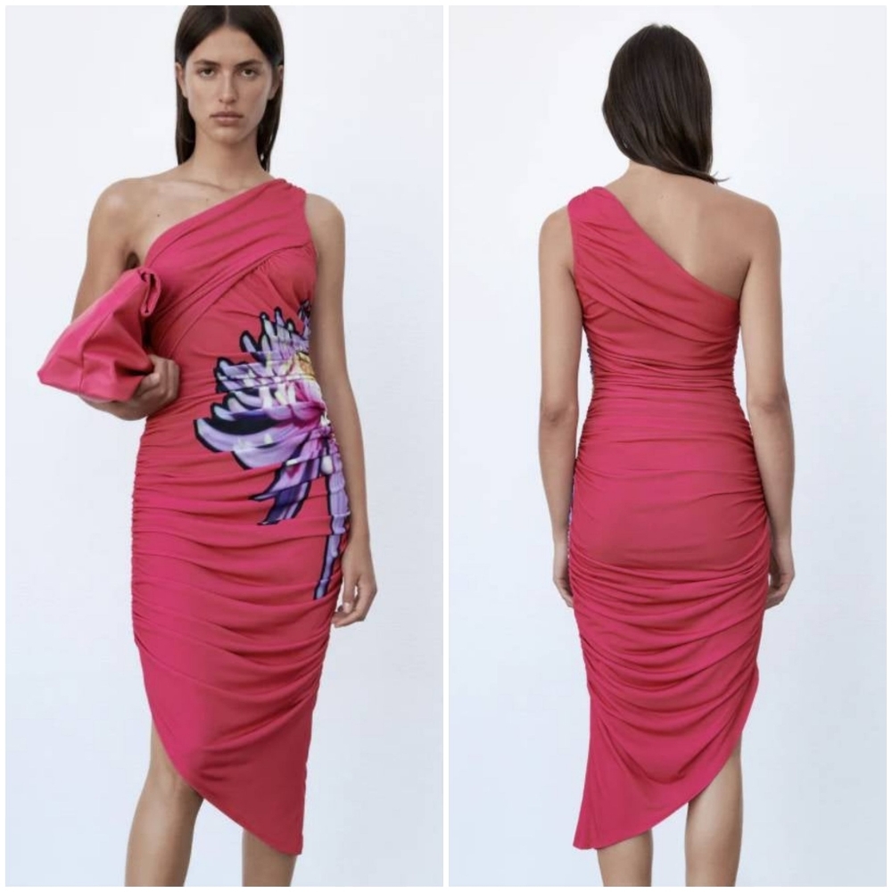 NWT Zara Side Flower Pink Draped Dress, Size S